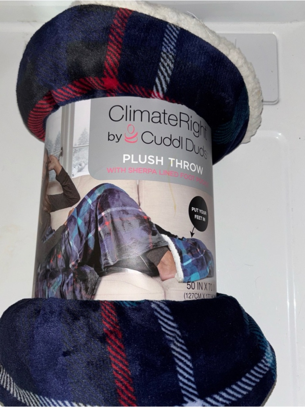 Cuddl Duds Navy, Red & Light Blue Plaid Sherpa Throw NEW